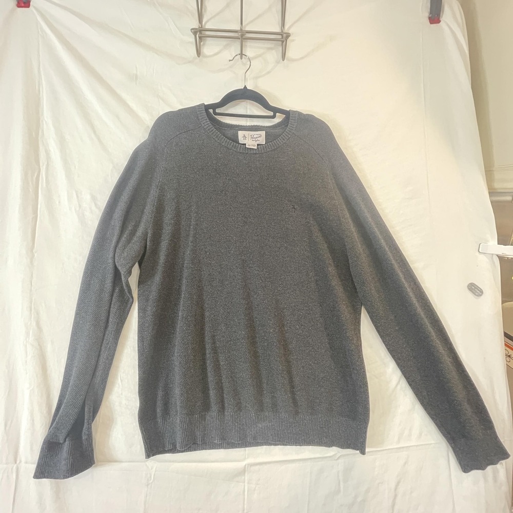 Original Penguin Sweater Mens 2XL‎ Gray Knit Crewneck Pullover Logo Raglan